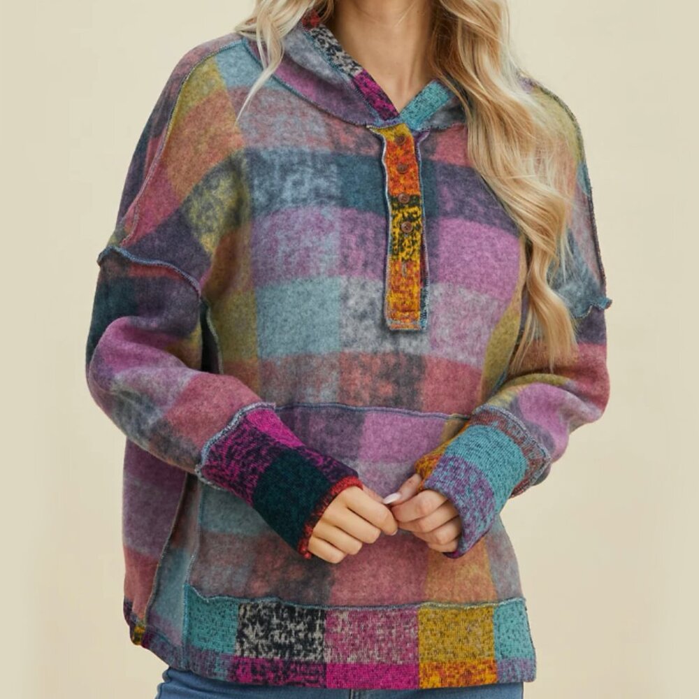 Bibi Brushed Plaid Buttoned Pullover Oversized Ho… - image 1